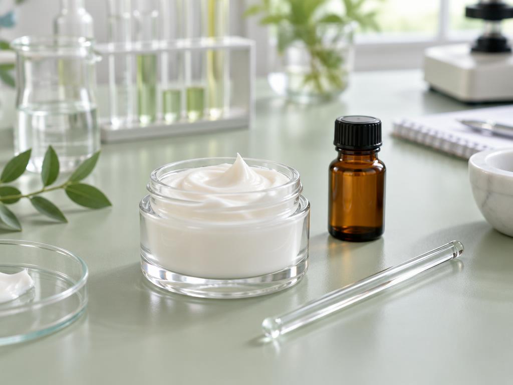 Cream and ingredient samples in a skin care formulation laboratory